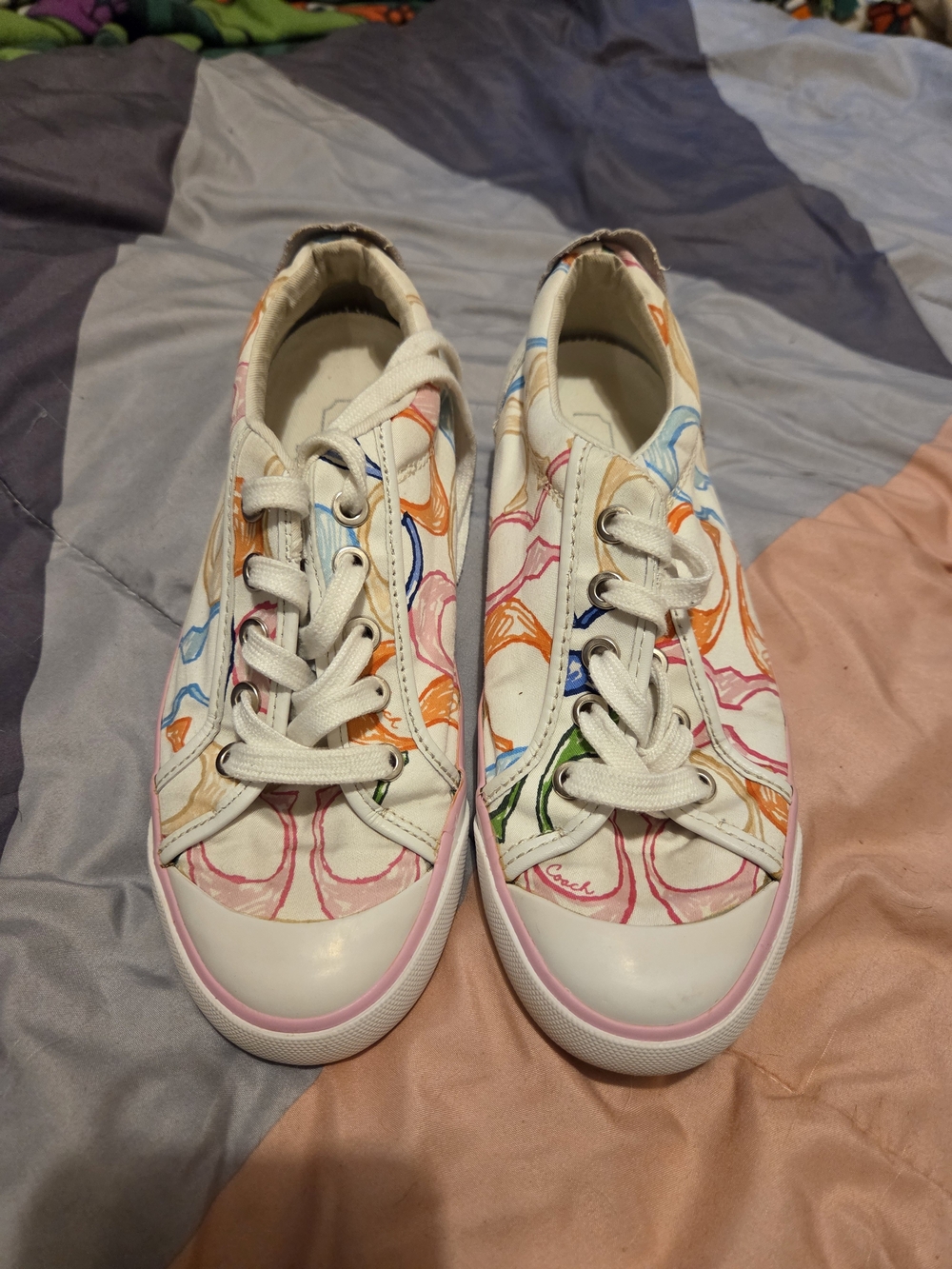 Coach White Canvas Sneakers with Pink, Orange, Blue and Green Accents